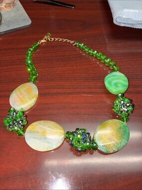 Vibrant Green Beaded Statement Necklace with Iridescent Discs